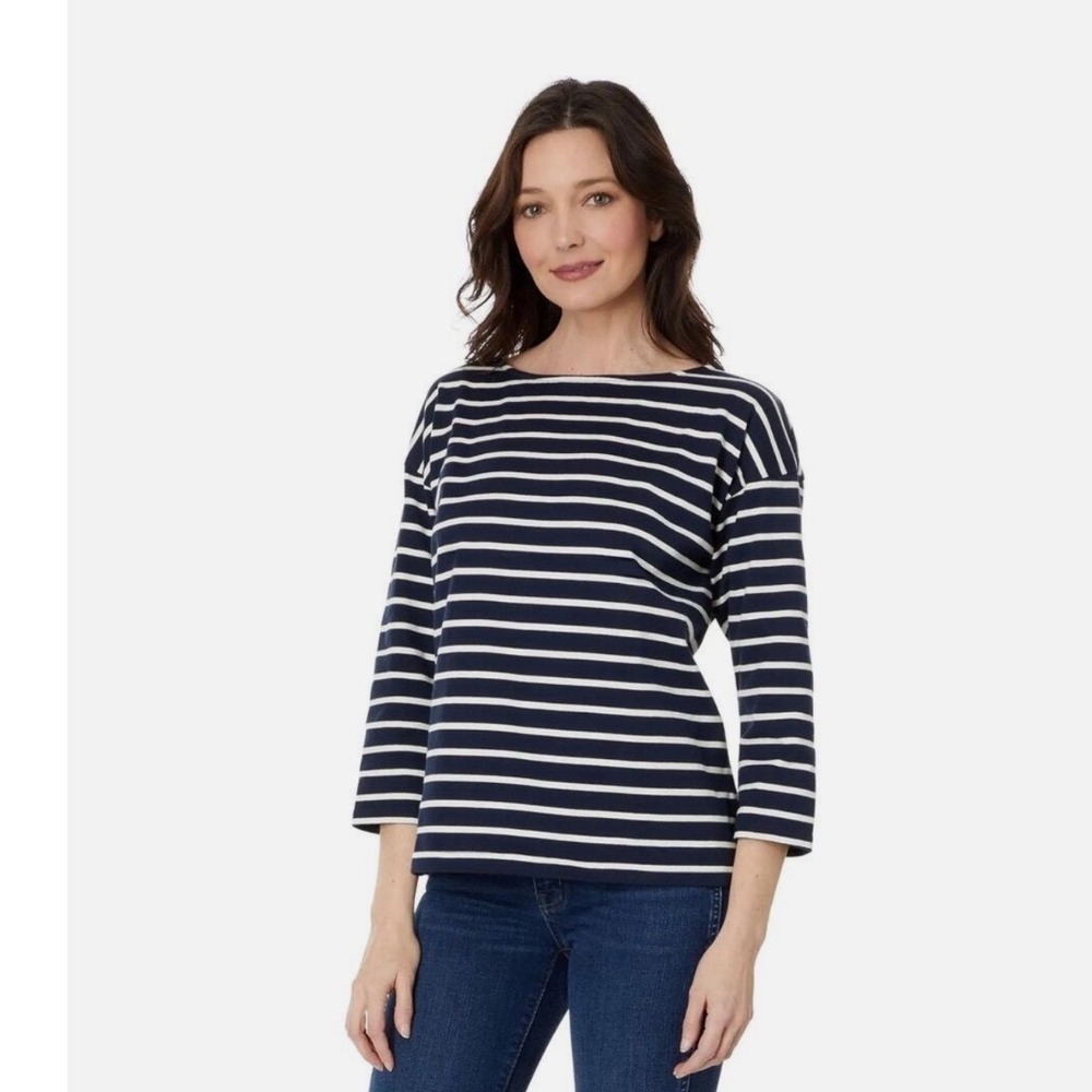 LL Bean Womens XL Navy Blue White Striped Boat Neck 3/4 Sleeve Top OKFP7